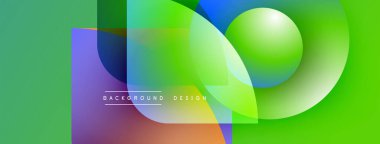 Soyut geometrik şekiller çakışıyor. Canlı yeşil baskın, mor, turuncu, mavi renklerle vurgulanıyor. Metin arka plan tasarımı okur. Modern, temiz estetik.