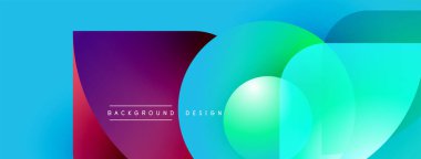 Soyut, enerjik bir arkaplan. Üst üste binen daireler, kareler dinamik bileşim oluşturur. Gradyan renkler dizayn ve mevcut metne hakim.