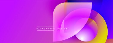 Canlı, soyut bir arkaplan. Üst üste binen şekiller dinamik görsel efekt yaratır. Mor, sarı, mavi renkler kompozisyona hakim. Modern tasarım ögesi.