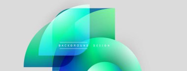 Soyut şekiller örtüşüyor, canlı gradyanlar yaratıyor. Mavi, yeşil renkler dizaynın baskın rengidir, metin arkaplan tasarımı ile. Minimalist estetik.