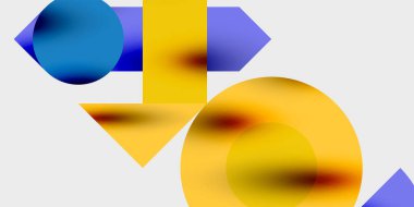 Soyut şekiller örtüşür, canlı renk karışımları yaratır. Sarı, maviler kompozisyona hakim. Minimalist tasarım, modern estetik.