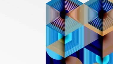 Soyut geometrik desen. Eşmerkezli daireler, kareler, üçgenler modern tasarım yaratır. Mavi, turuncu renkler kompozisyona hakim..