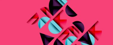 Soyut geometrik şekiller örtüşür, dinamik görsel doku oluşturur. Pembe arkaplan zıt renkleri, modern tasarımı vurgular.