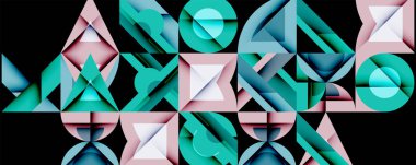 Soyut geometrik bileşim. Teal, pembe renkler karmaşık çokgen şekiller oluşturur. Modern tasarım, temiz çizgiler, görsel uyum.