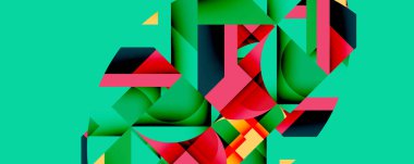 Soyut geometrik şekiller örtüşür ve canlı bir bileşim yaratır. Yeşiller, kırmızılar, sarılar turkuaz arka planda. Modern tasarım.