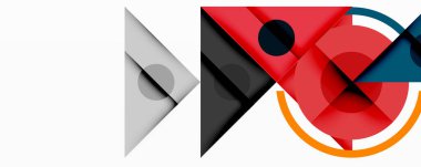 Soyut geometrik şekiller örtüşür, dinamik bileşim yaratır. Kırmızı, gri, siyah, turuncu renkler tasarımda baskın. Minimalist stil.