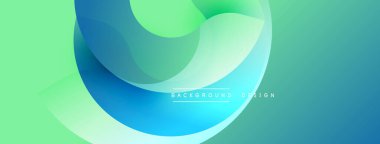 Soyut sıvı şekilleri örtüşür ve dinamik eğimli bir zemin oluşturur. Açık yeşil, mavi renkler kompozisyona hakim. Modern tasarım ögesi.