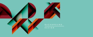 Soyut geometrik şekiller örtüşür, dinamik görsel doku oluşturur. Kırmızı, deniz mavisi, turuncu renkler açık mavi arkaplan ile tezat oluşturuyor. Modern tasarım ögesi.