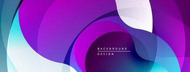 Soyut akışkan şekiller, canlı mor renkler baskın gelir. Mavi, beyaz aksanlar dinamik görsel doku yaratır. Modern tasarım ögesi.