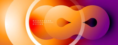 Soyut gradyan çemberler dinamik görsel efekt oluşturur. Sıcak renkler turuncudan mora dönüşür. Modern tasarım ögesi.
