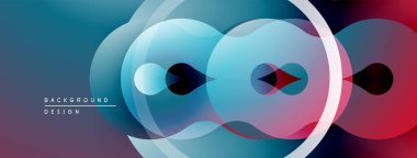 Soyut geometrik tasarım. Üst üste binen daireler dinamik görsel akış yaratır. Mavi, kırmızı gradyanlar kompozisyona hakim. Modern estetik.