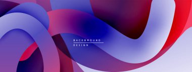 Soyut sıvı şekilleri, canlı maviler, morlar, kırmızılar dinamik bir zemin oluşturur. Modern tasarım, düz eğimler, üst üste binen katmanlar.