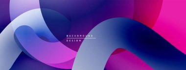 Soyut sıvı şekilleri örtüşür, canlı mor, mavi ve pembe renkler yaratır. Modern tasarım hareket, enerji, derinlik öneriyor.