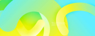 Soyut sıvı şekiller, canlı sarı, yeşil, turkuaz renkler harmanlarlar. Yumuşak gradyanlar dinamik, modern arkaplan tasarımı oluşturur.
