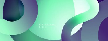 Soyut sıvı şekilleri örtüşür ve dinamik eğimler yaratır. Nane, mor, deniz mavisi renkleri kompozisyona hakim. Modern tasarım ögesi.