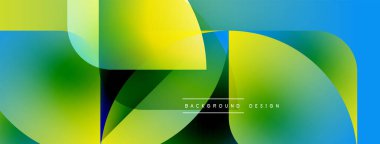 Soyut geometrik şekiller canlı renkleri harmanlarlar. Üst üste binen formlar dinamik görsel doku yaratır. Modern tasarım elementleri enerji, hareket.