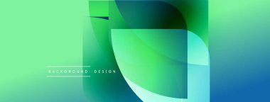 Soyut gradyan şekiller çakışıyor, dinamik görsel etki yaratıyor. Yeşil, mavi renkler kompozisyona hakim. Modern tasarım ögesi.