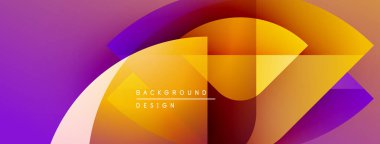 Soyut geometrik şekiller canlı turuncu ve mor renkleri harmanlarlar. Modern tasarım akıcılık, enerji, dinamik bileşim öneriyor. Arkaplanda metin ögeleri.