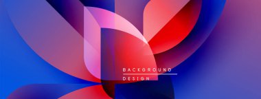 Soyut renkli şekiller örtüşür, dinamik görsel efekt yaratır. Modern tasarım gradyanlar, eğriler, metin ögeleri içerir.