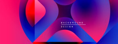 Soyut renkli tasarım. Üst üste binen şekiller dinamik görsel efekt yaratır. Pembe, mavi, mor renkler kompozisyona hakim. Metin arkaplan tasarımı okur.