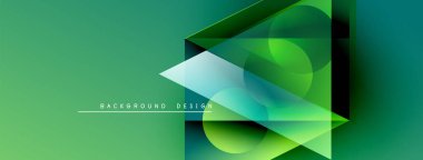 Soyut geometrik şekiller örtüşür, dinamik yeşil gradyan arkaplan oluşturur. Metin arka plan tasarımı okur. Modern görsel kompozisyon.