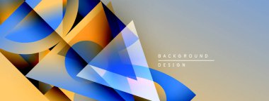 Soyut geometrik şekiller örtüşür, dinamik görsel efekt yaratır. Mavi, turuncu renkler kompozisyona hakim. Gradyan arkaplan derinlik ekler.