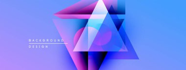 Soyut geometrik şekiller örtüşür, parlak mavi ve mor renkler yaratır. Modern tasarım elementleri teknoloji ve yenilik öneriyor.