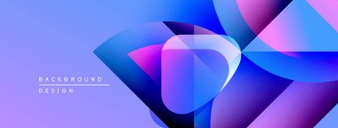 Soyut geometrik şekiller örtüşür, parlak mavi ve mor renkler yaratır. Modern tasarım elementleri teknoloji ve yenilik öneriyor.