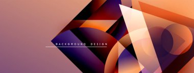 Soyut geometrik şekiller örtüşür, canlı gradyanlar yaratır. Sıcak renkler, mor aksanlı tasarıma hükmediyor. Modern, dinamik kompozisyon.