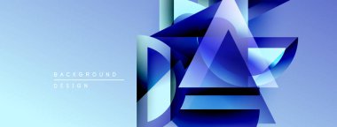 Soyut geometrik şekiller örtüşür, dinamik mavi gradyan etki yaratır. Arkaplanda metin arkaplan tasarımı var. Modern, temiz estetik.