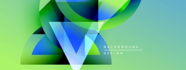 Soyut geometrik şekiller canlı yeşillikleri, mavileri harmanlıyor. Modern tasarım enerji, hareket ve yenilik öneriyor. Arkaplanda metin ögeleri.