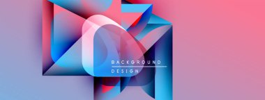 Soyut geometrik şekiller örtüşür, parlak mavi ve pembe renkler yaratır. Metin kompozisyon içinde arkaplan tasarımı okur.