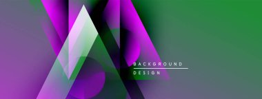 Soyut geometrik şekiller örtüşüyor, canlı mor ve yeşil renkler yaratıyor. Modern tasarım elementleri yenilik ve teknoloji odaklanma öneriyor.