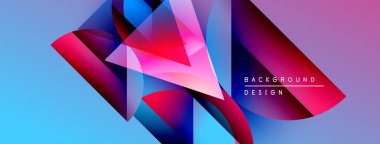 Soyut geometrik şekiller canlı renkleri harmanlarlar. Gradyan geçişler dinamik görsel efekt yaratır. Arka planlar için modern tasarım ögesi.