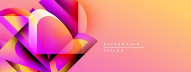 Soyut geometrik şekiller canlı pembeleri, morları, sarıları harmanlarlar. Gradyan arka plan dinamik görsel efekt yaratır. Modern tasarım ögesi.