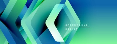 Soyut geometrik şekiller örtüşüyor, canlı mavi, yeşil bir eğim yaratıyor. Modern tasarım teknoloji, yenilik, gelecek kavramları öneriyor.