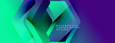 Soyut geometrik katmanlar canlı bir değişim etkisi yaratır. Modern tasarım, üst üste binen şekiller, deniz mavisi, mor renkler içerir. Arkaplan metni mevcut.