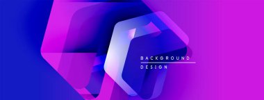 Soyut geometrik şekiller örtüşüyor, canlı mor ve mavi renkler yaratıyor. Modern tasarım elementleri teknoloji ve yenilik öneriyor. Metin arkaplan tasarımı okur.