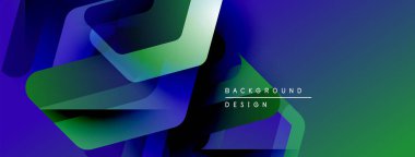 Soyut geometrik şekiller örtüşür, parlak mavi, yeşil eğimler yaratır. Dijital arkaplanlar için modern tasarım ögesi.