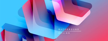 Soyut geometrik şekiller örtüşüyor, canlı renk eğimleri yaratıyor. Mavi, pembe, mor renkler kompozisyona hakim. Modern tasarım ögesi.