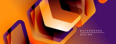 Soyut geometrik şekiller örtüşüyor, canlı turuncu ve mor renkler yaratıyor. Modern tasarım dinamik hareket, görsel doku öneriyor.