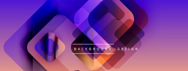Soyut geometrik şekiller örtüşüyor, canlı mor, mavi ve turuncu renkler yaratıyor. Modern tasarım teknoloji ve yenilik öneriyor.