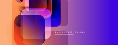 Soyut geometrik şekiller çakışıyor. Renkler turuncu, mor ve mavinin karışımı. Arka planlar için modern tasarım ögesi.
