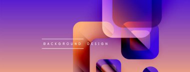 Soyut geometrik şekiller örtüşüyor, canlı mor, mavi, turuncu gradyan oluşturuyor. Metin arka plan tasarımı okur. Modern estetik.