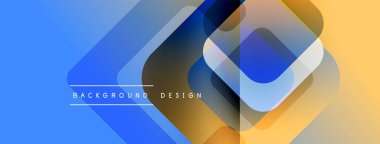 Soyut geometrik şekiller örtüşür, parlak mavi ve turuncu renkler yaratır. Modern tasarım elementleri teknoloji ve yenilik öneriyor. Metin arkaplan tasarımı okur.