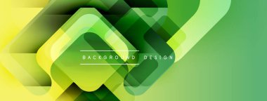 Soyut geometrik arkaplan. Üst üste binen kareler parlak yeşil, sarı bir eğim yaratıyor. Metin arka plan tasarımı okur. Modern, dinamik kompozisyon.