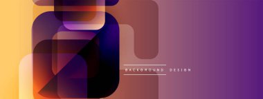 Soyut geometrik şekiller örtüşüyor, canlı renk eğimleri yaratıyor. Mor, turuncu renkler tasarımda baskın. Modern estetik.