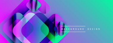 Soyut geometrik şekiller örtüşür, canlı bir değişim etkisi yaratır. Mavi, mor, yeşil renkler kompozisyona hakim. Modern tasarım ögesi.