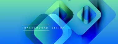 Soyut geometrik şekiller örtüşür, parlak mavi, yeşil eğimler yaratır. Modern tasarım elementleri teknoloji ve yenilik öneriyor.
