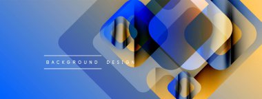 Soyut geometrik şekiller örtüşür, parlak mavi ve sarı renkler yaratır. Modern tasarım elementleri teknoloji ve yenilik öneriyor.